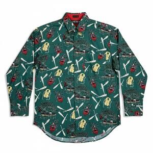 Vintage 90s America Perry Ellis Boat Rafting Fishing Outdoors Print L/S Shirt S